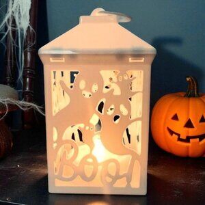 White Boo Halloween LED Flickering Plastic Lantern
